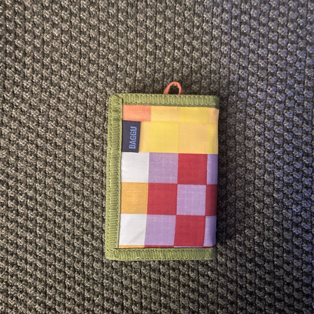 BAGGU Colorful Checkered Tri-fold Wallet with Green Trim